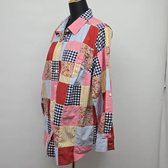 Lands' End Womens Poplin Boyfriend Button Front Patchwork Plus Size Curvy 1X - Picture 5 of 13